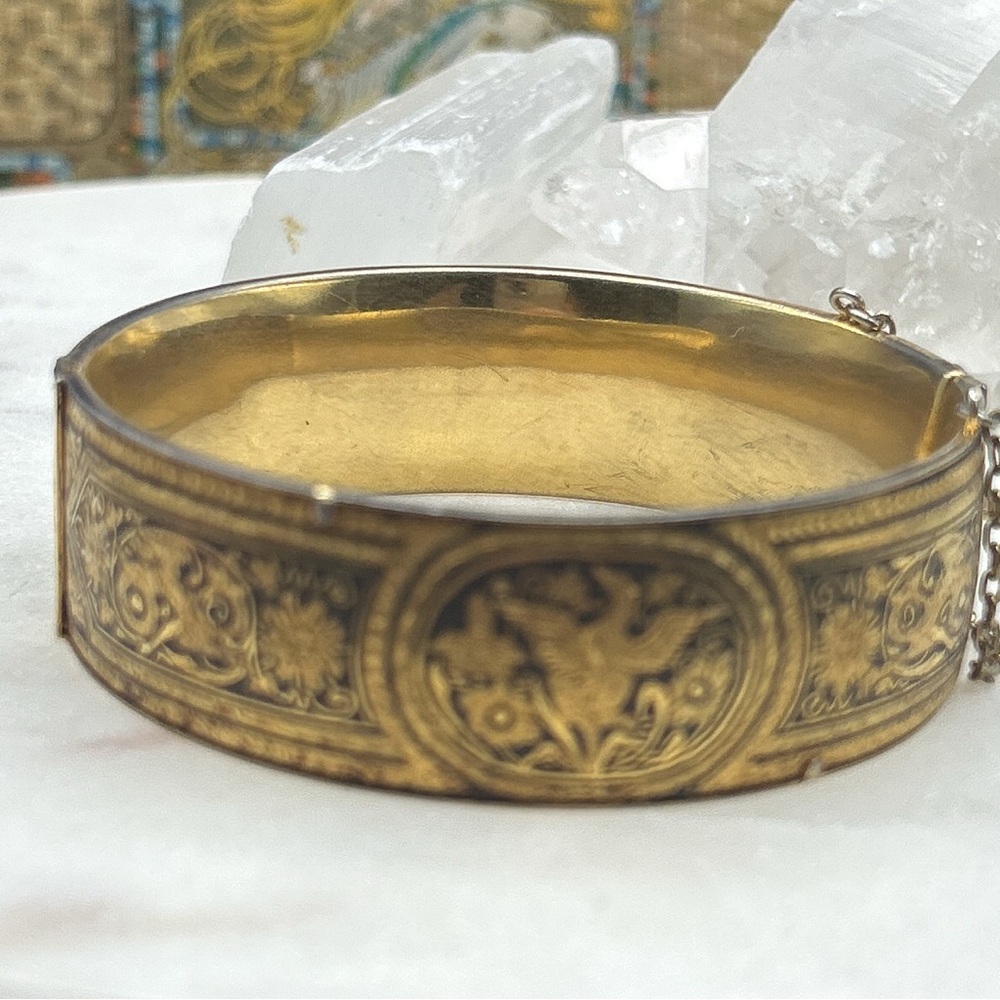 Damascene bangle Gold and Black Engraved Bracelet flowers and birds - Picture 2 of 6